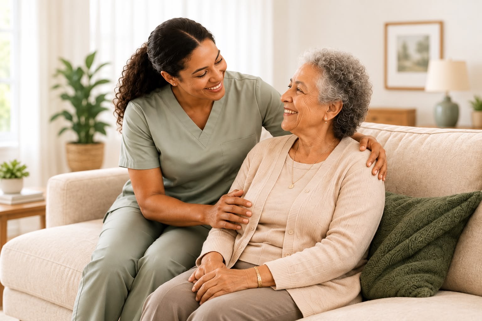 Caregiver and client sharing a warm moment at home