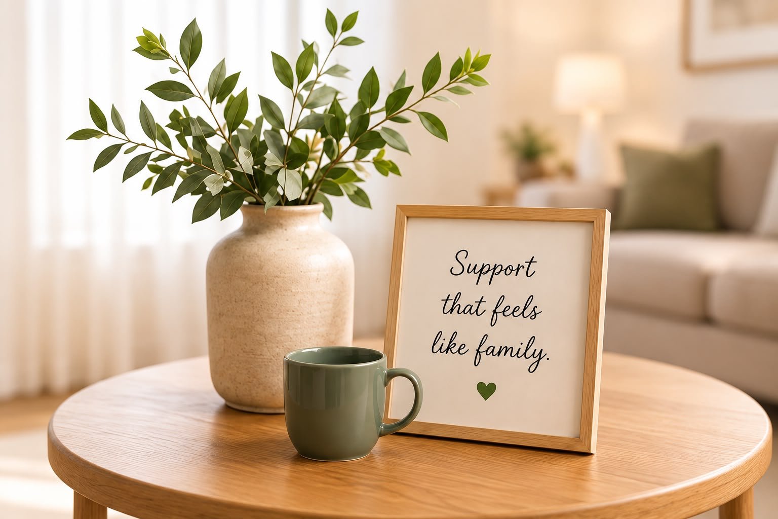A framed sign reading "Support that feels like family" on a warm, welcoming home table