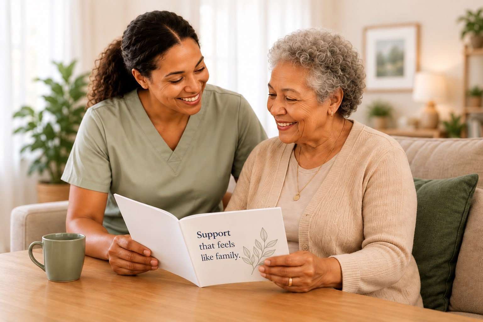 Caregiver and client smiling together while reading a card that says Support that feels like family